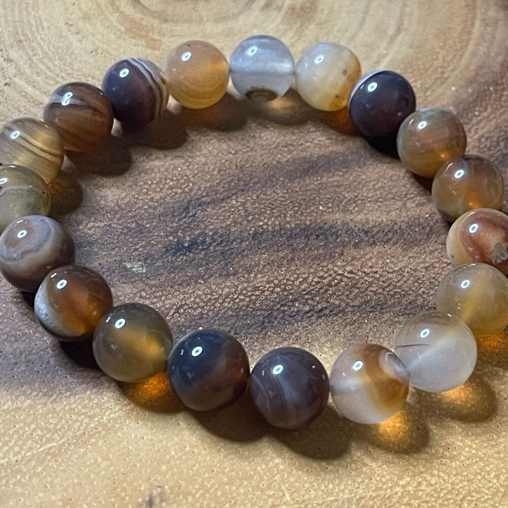 Botswana Agate beaded 10mm beads stretch bracelet striped natural dendrites dend